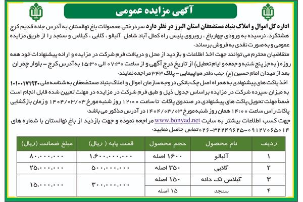 مزایده سردرختی محصولات باغ نهالستان شامل آلبالو ، گلابی ، گیلاس و سنجد